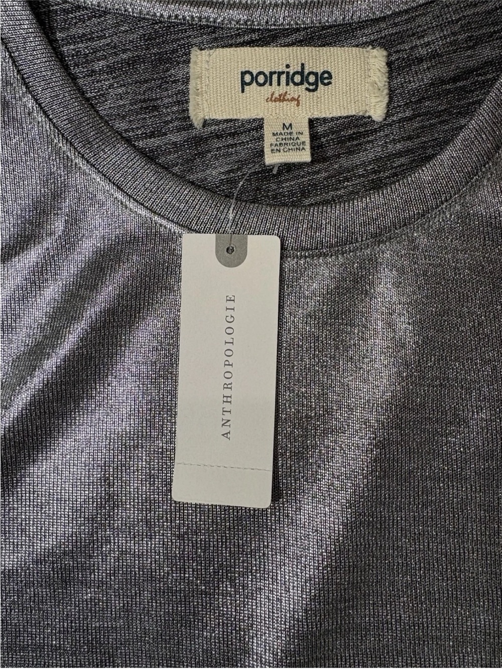 Porridge Top Womens M Silver Glam Tee Metallic Short Sleeve Shiny Shimmer Crew - Picture 8 of 10